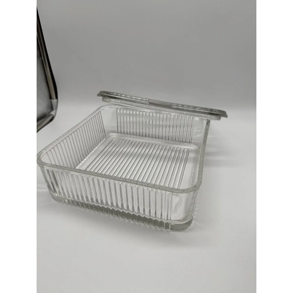 Vintage Federal Glass Refrigerator Dishes Clear Ribbed Vegetable Lid Lot 8x8 4x4
